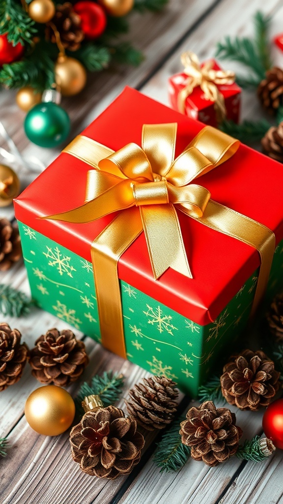 A decorative Christmas gift box with red and green wrapping and a gold ribbon on a wooden table with holiday decorations.